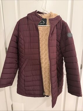 HFX Women's Quilted Hooded Ski Jacket in Plum with Faux Fur Lining